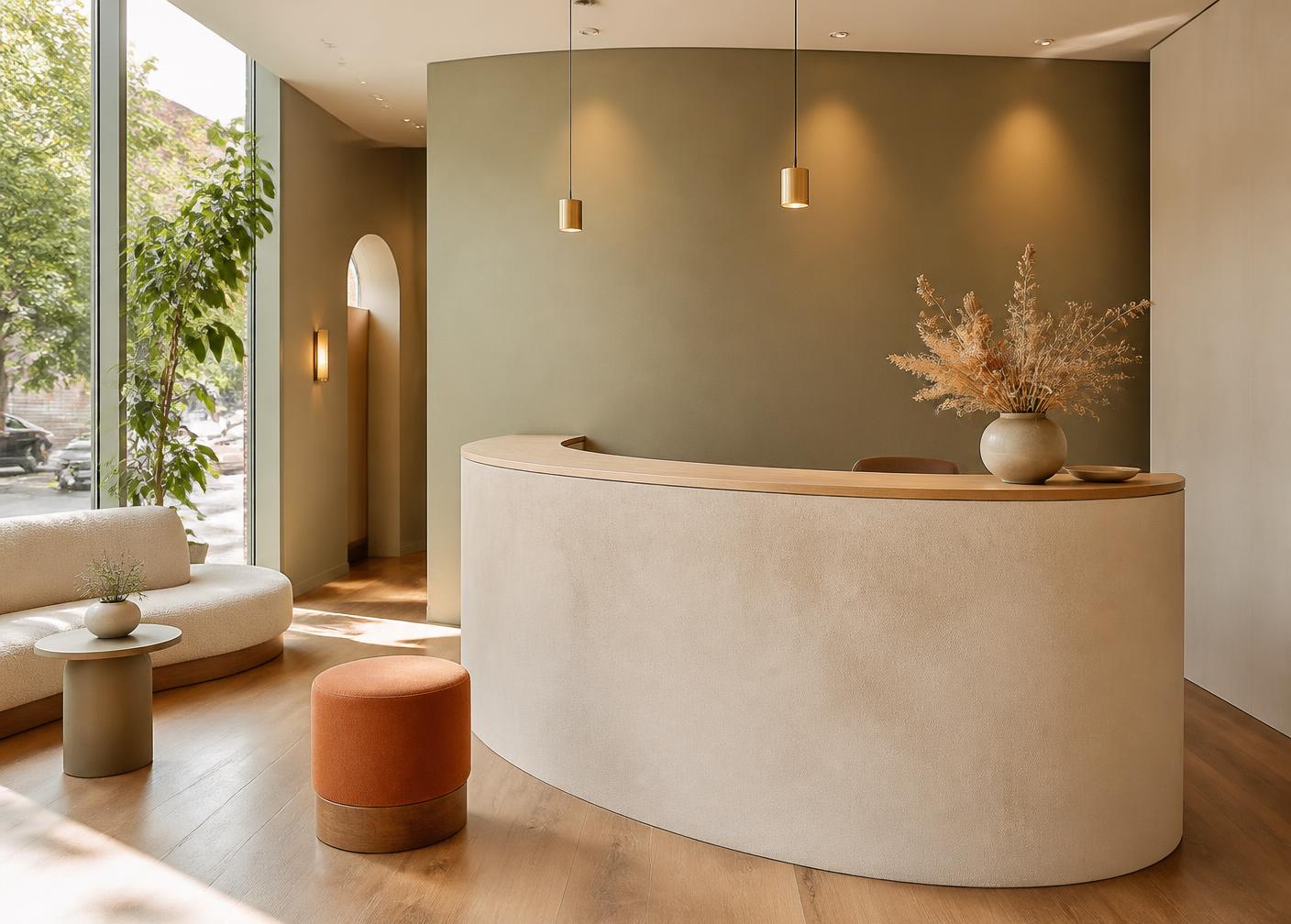 Recepción de Alma Dental con mostrador curvo color arena, pared verde salvia y luz natural